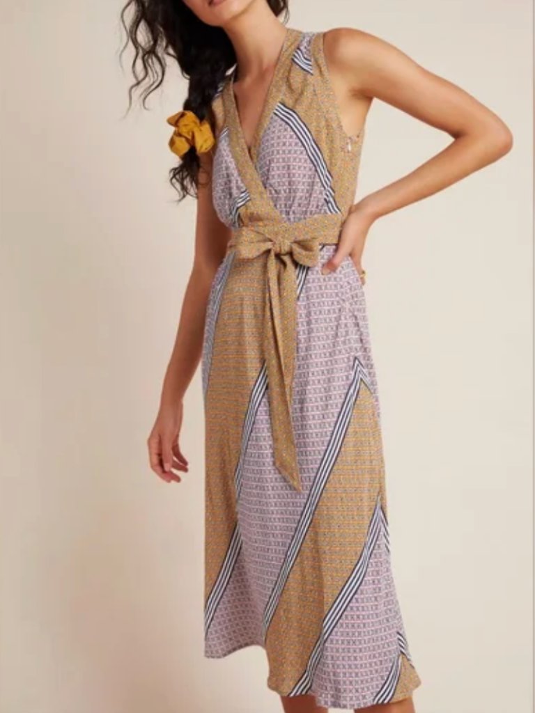 Nwt Maeve | Anthropologie Carla Wrap Midi Dress Gold & Pink Multi Size 0 Petite